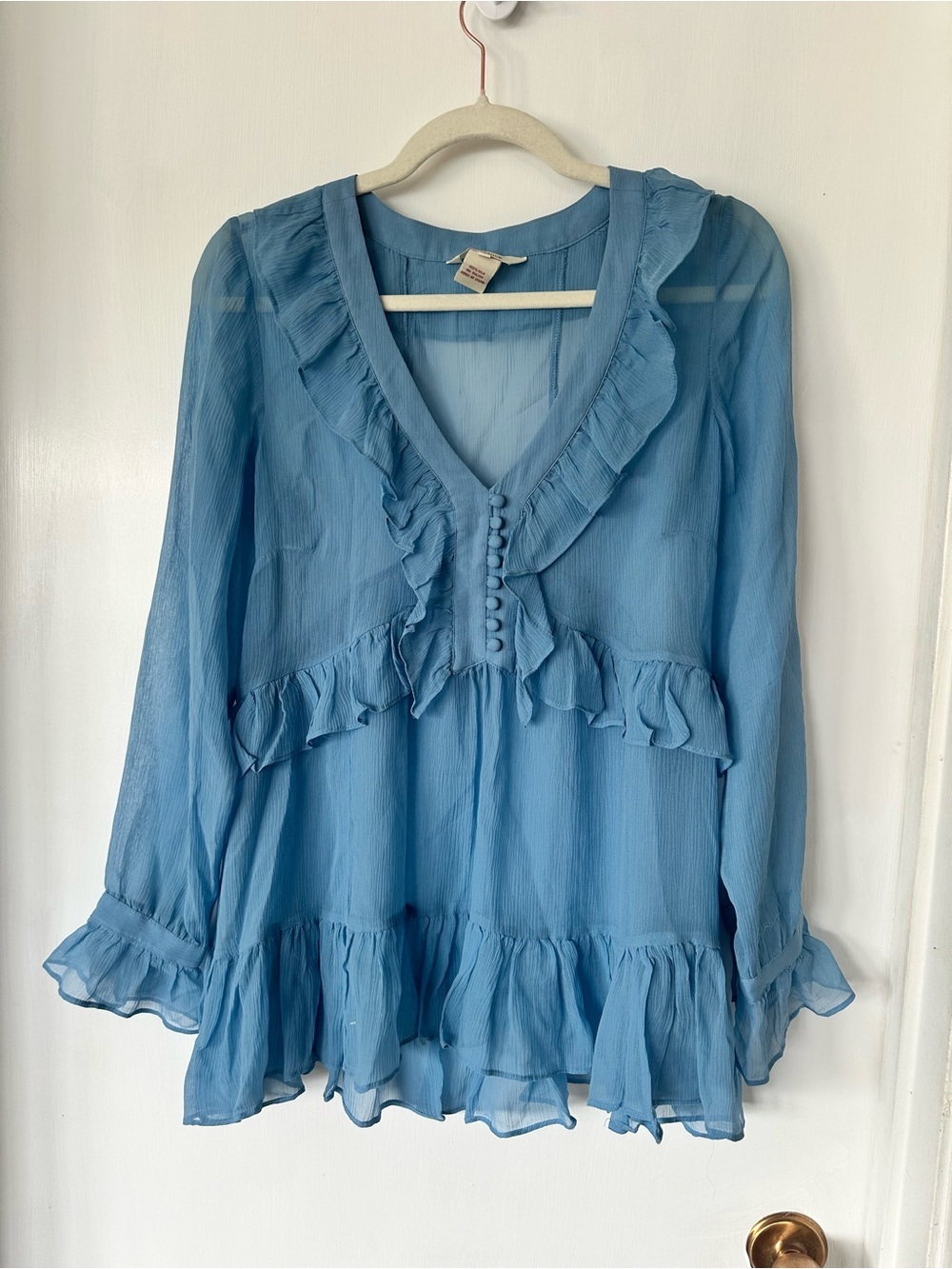 Sundance 100% Silk Sheer Blue Blouse Flutter Boho Size S